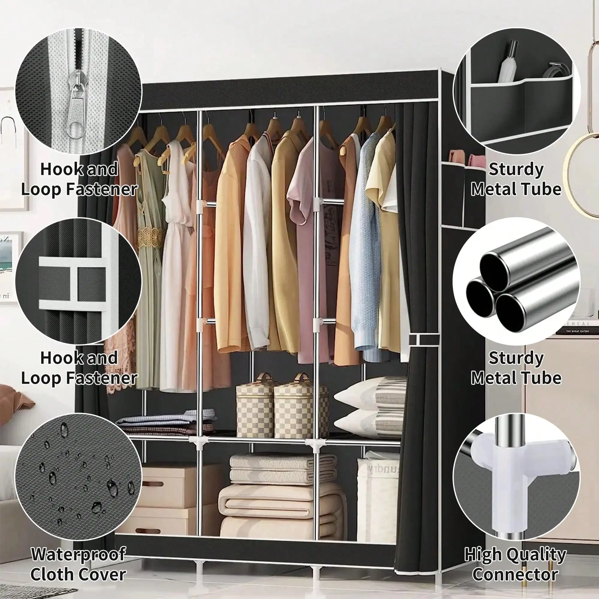 

Portable Bedroom Wardrobe Made Of Sturdy, 19mm Diameter Steel Tubing. A Black Portable Wardrobe For Hanging Clothes, Featuring 3