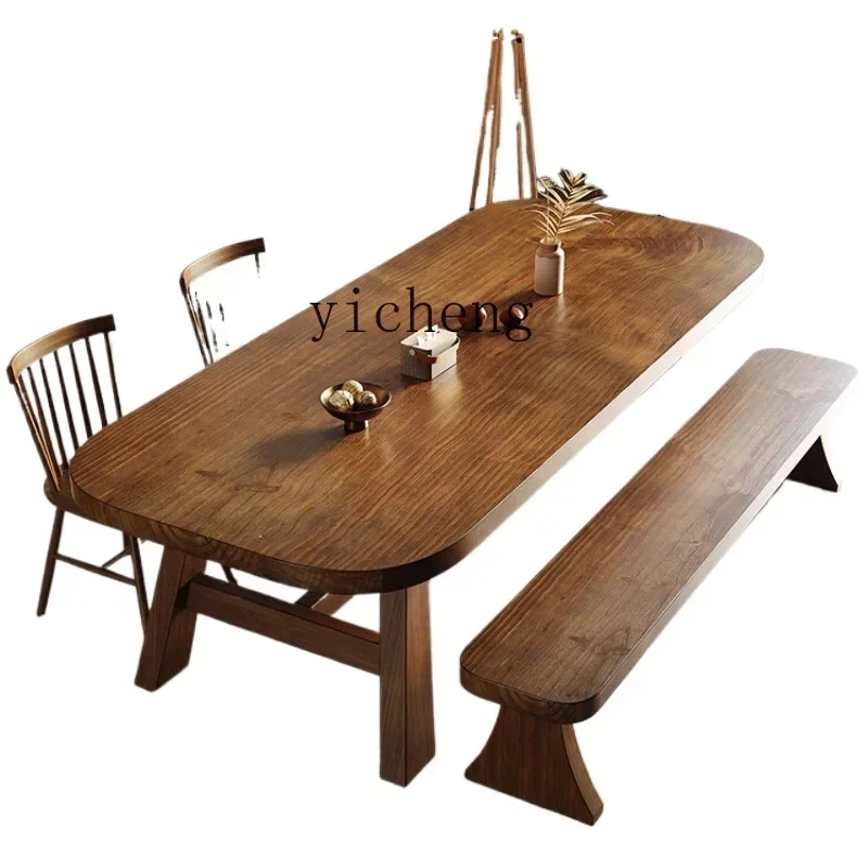 

modern retro all-solid wood dining table and chairs simple modern home restaurant rounded corner small apartment