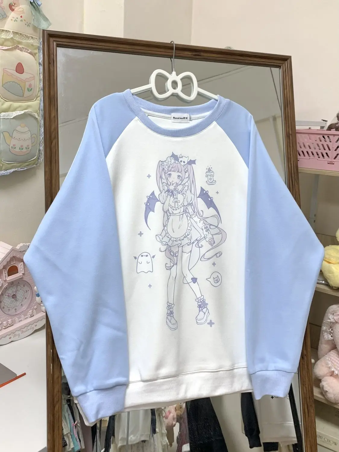 High Quality Cotton Raglan Sleeve O-neck Hoodies Japan Grunge Anime Girl Print Cute Sweatshirt Pullover Loose Oversized Pullover