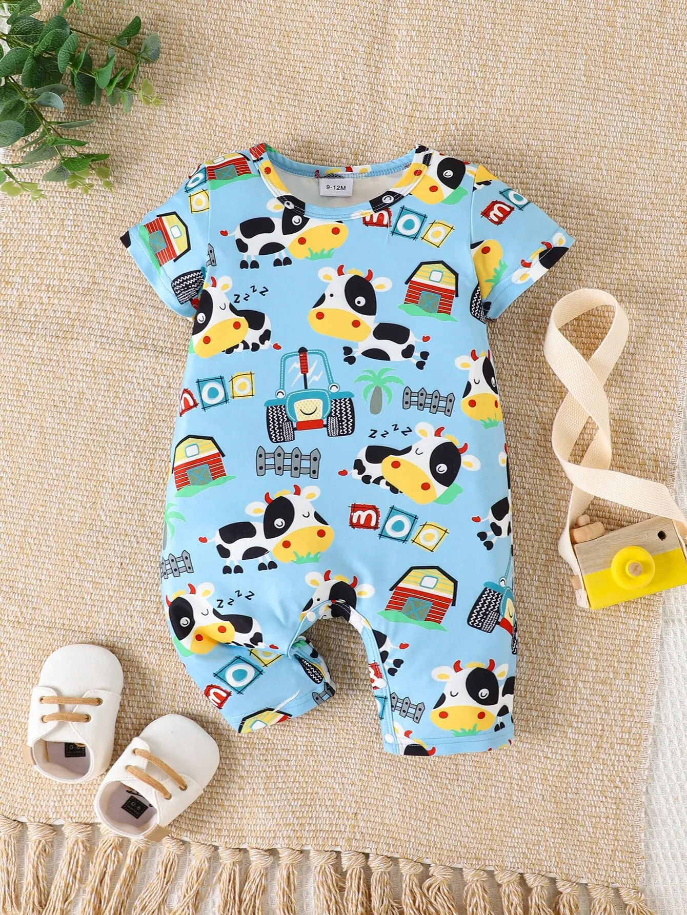 Summer Baby Boys Leisure Sport Cute Comfortable Breathable Short-sleeved Shorts With Khaki Cow Print Baby Romper