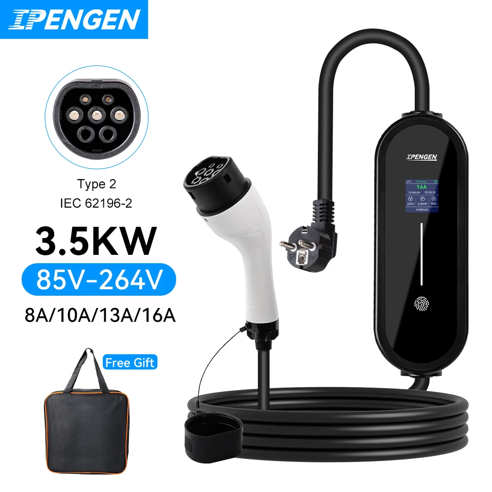 

IPENGEN Type2 3.5KW 16A 1Phase EV Charger Portable Charging Box Current Adjustable 5mCable Charging Station for Electric Vehicle