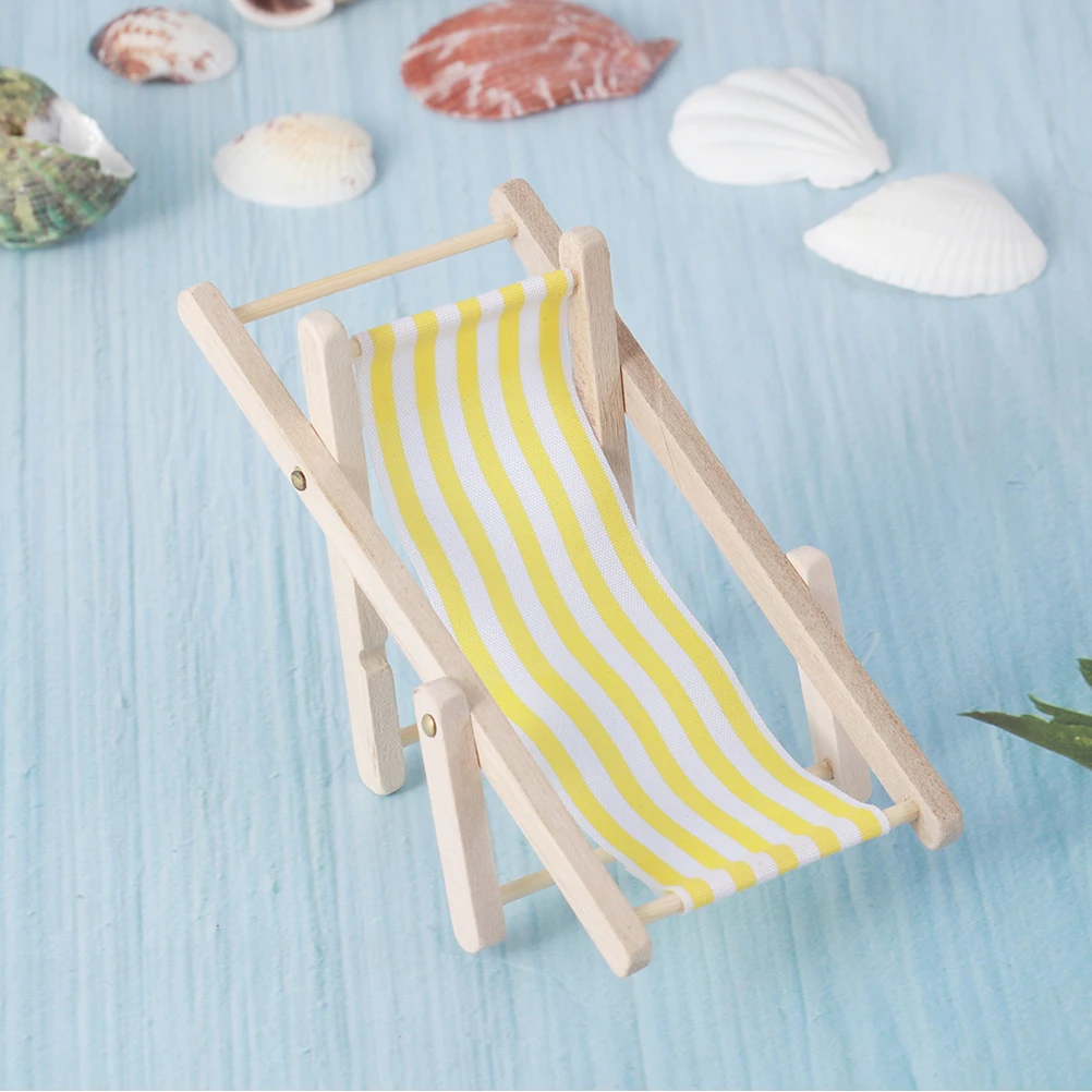 

3pcs 1:12 Mini Striped Wooded Beach Chair and Table Foldable Recliner Sunbathing Lounge Chair Dollhouse Furniture Ornament