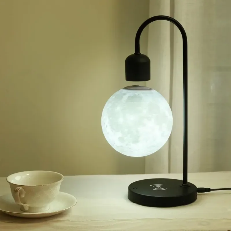 Modern Rotating Moon Table Lamp with Wireless Phone Charging LED Eye Protection Floating Light for Bedroom Home Decor