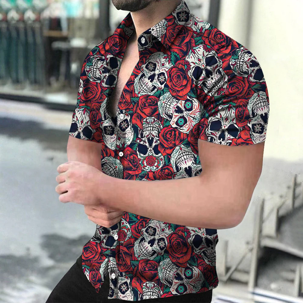 2023 News Hawaiian Horror Skull Men\'s Shirt Floral 3D Print Lapel Single Button Fashion Casual Beach Top Passionate And Spicy