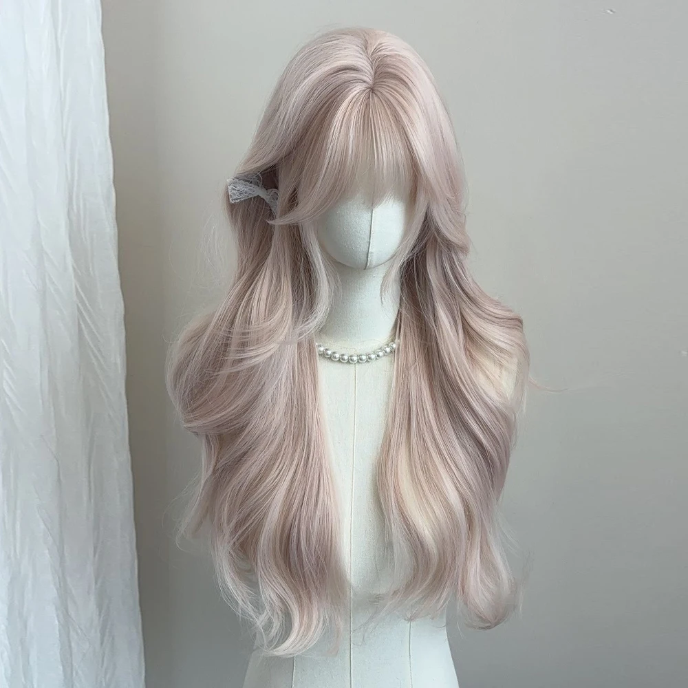 شعر مستعار اصطناعي طويل بلون رمادي طويل اللون مع بانجز طبيعية طويلة المتمثلة في حرارة شعر مستعار متمرب