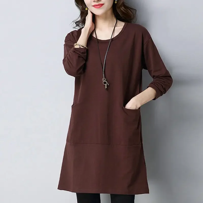 Women's Autumn and Winter New Fashion Elegant Solid Round Neck Pocket Casual Long Sleeve Loose Medium Length T-shirt Tops