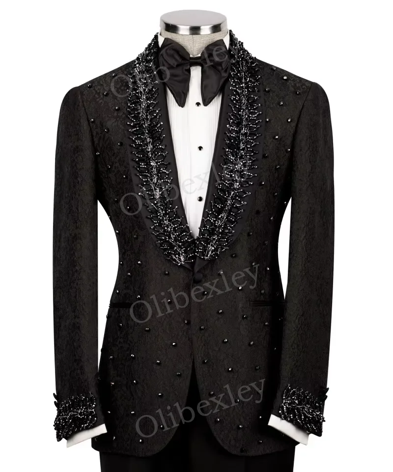

High Quality Slim Fit Tuxedo 2 Piece Set for Men Wedding Groom Customized Formal Black Beaded Crystals Suit
