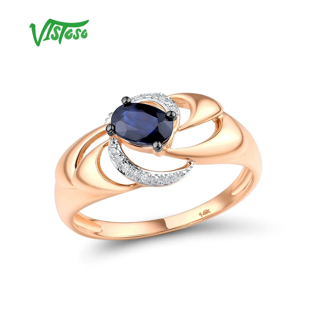 VISTOSO Gold Rings For Women Genuine 14K 585 Rose Gold Ring Round Shiny Diamond Blue Sapphire Wedding Engagement Fine Jewelry