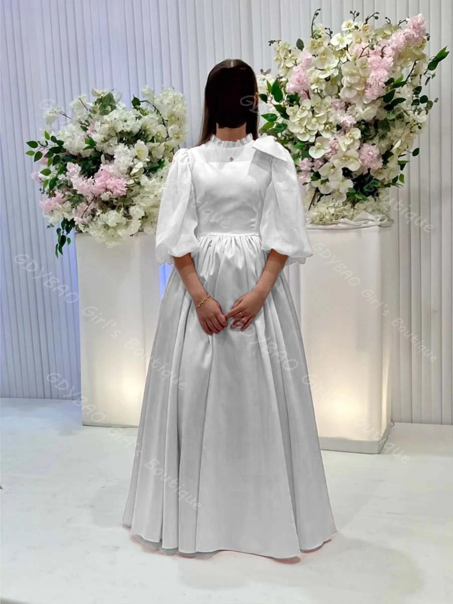 فستان وصيفة العروس وردي رشيق للنساء لحفلات الزفاف برقبة عالية وأكمام بالونية فستان سهرة رسمي مع فيونكة كتف مخصصة