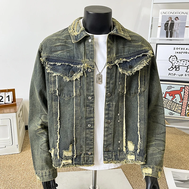 

Retro Washed Men's Denim Jacket Loose Fit Youth Fashionable Autumn Winter Outerwear Frayed Hem Tear Design Trendy Brand