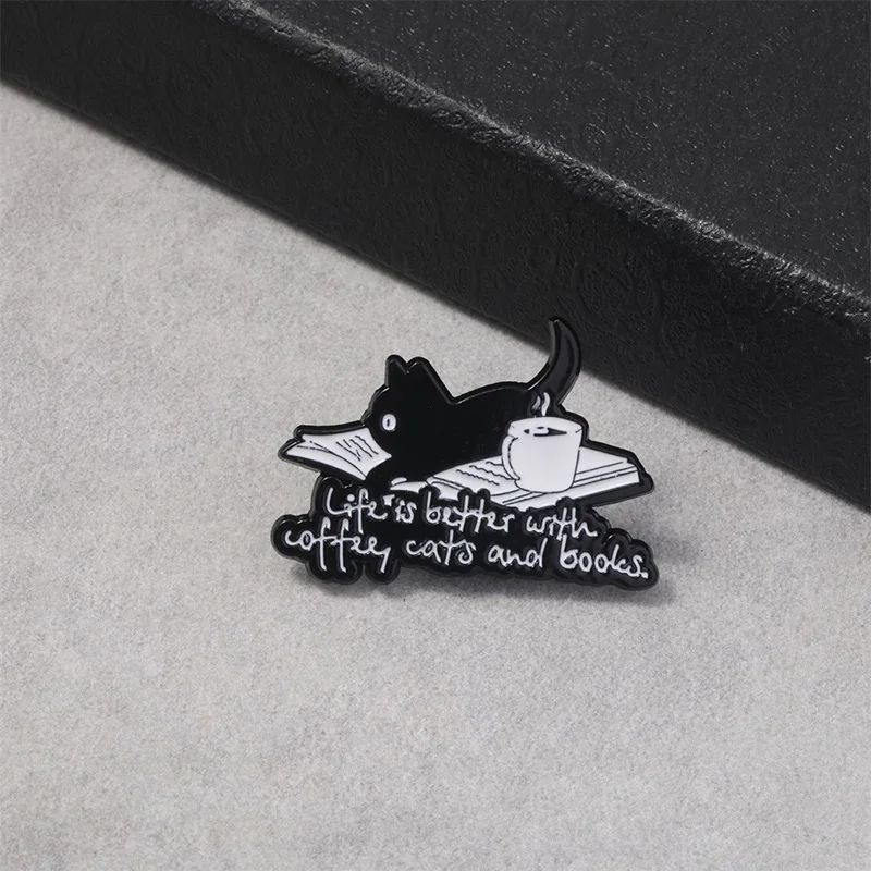 Coffee Cats Badge Brooch Pins Life Is Better With Coffee Cats And Books Quotes Enamel Lapel Pin Jewelry Accessory Ornament