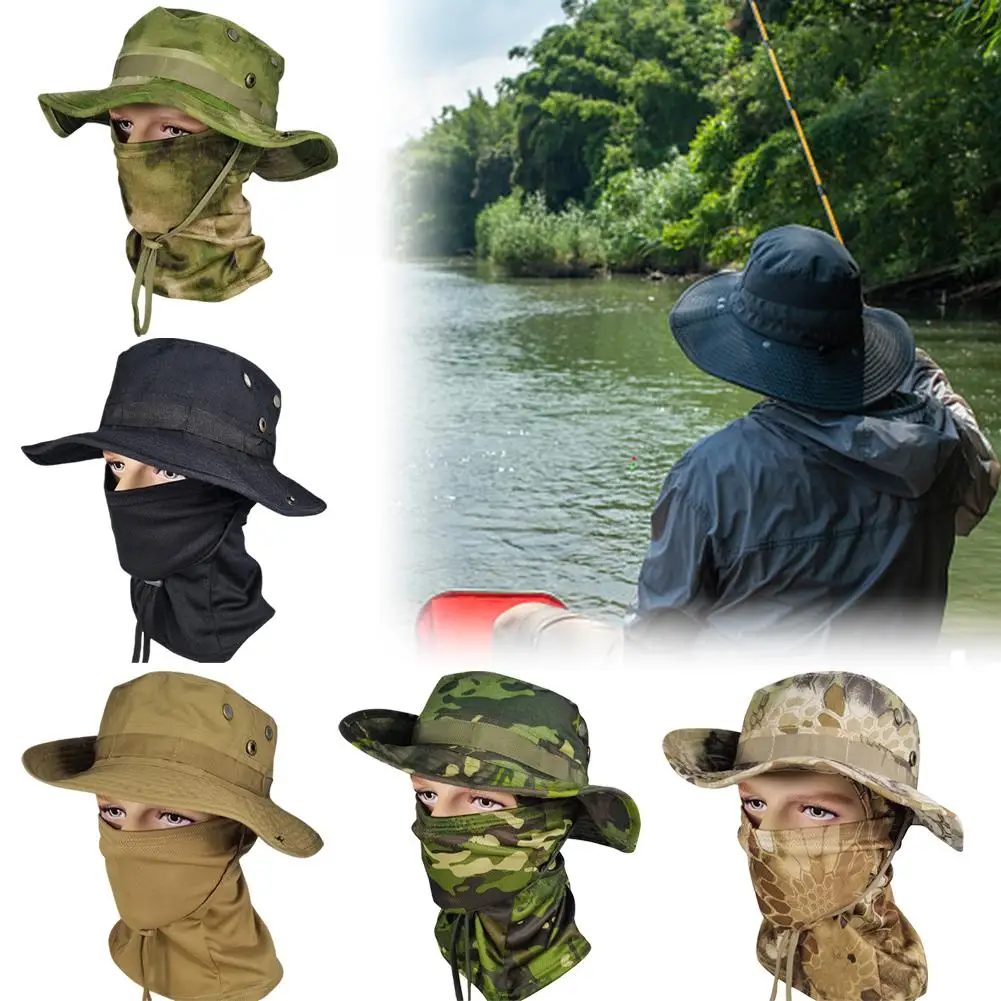 

Camouflage Boonie Hat with Face Cover Summer Sun Hat Wide Brim Anti-UV Neck Face Protection Outdoor Fishing Climbing Caps Mask