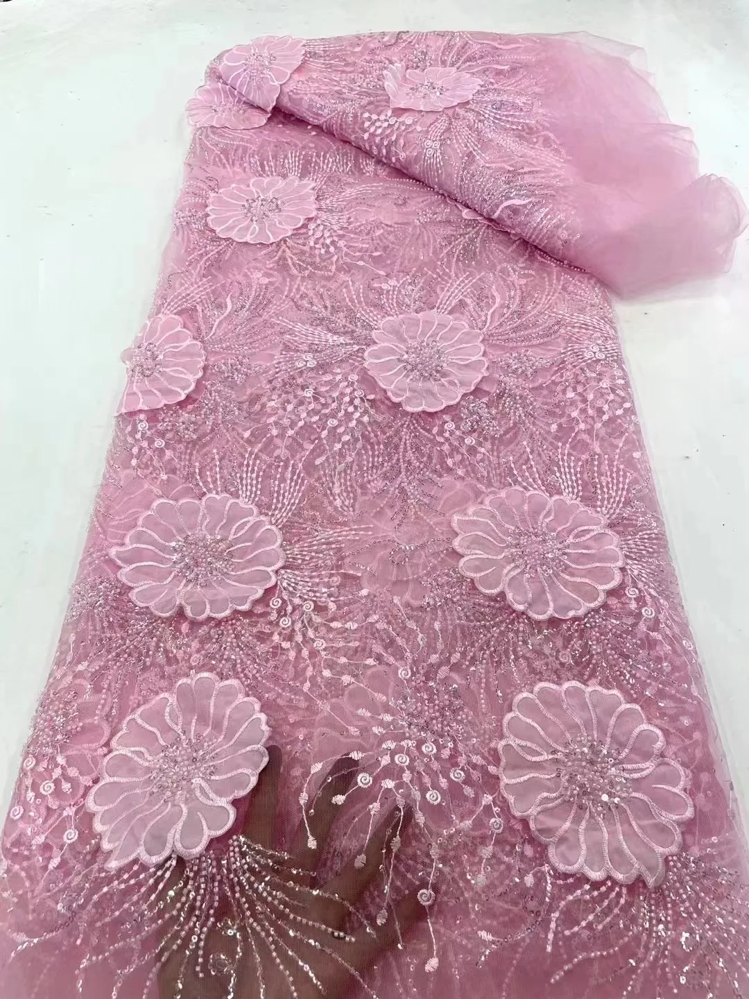 

Pink Luxury Elegant African 3d flowers Lace Fabric Embroidery Groom Nigerian Tulle For Wedding Party