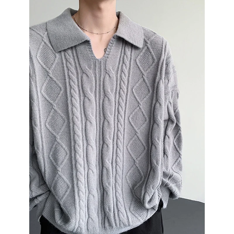 

American Retro ey Diamond Twist Sweater Men's Long Sve Knitted Top Winter Casual Loose Fit Moderate Softn V-Ne