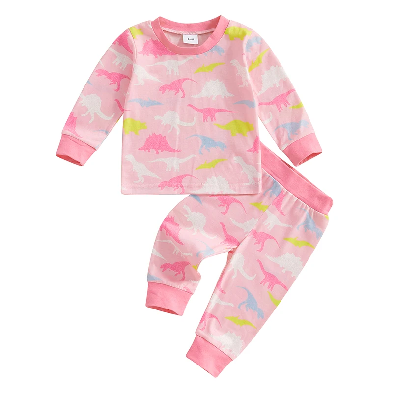 Cute Baby Girl Spring Fall Pajamas Sets Dinosaur Print O Neck Long Sleeve T shirt Tops with Elastic Waist Pants Girls Sleepwear