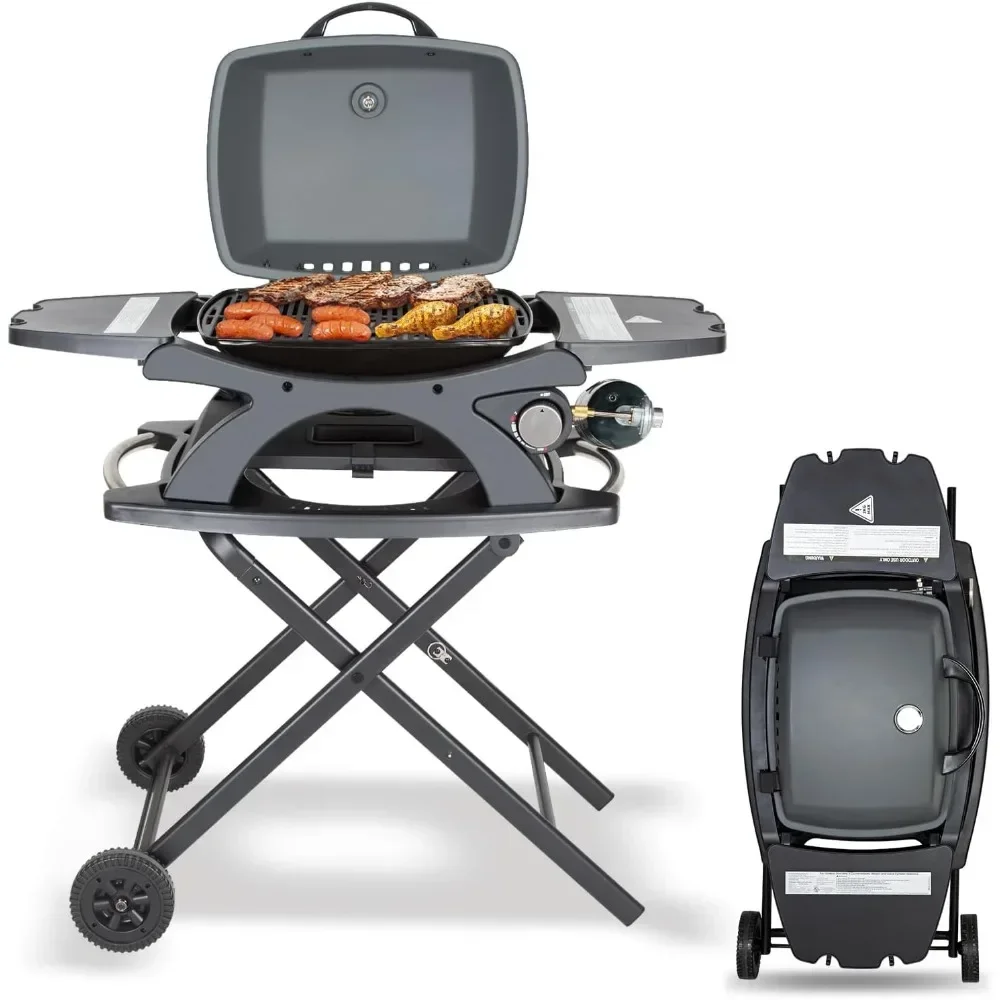 

12,000 BTU Outdoor BBQ Grill with Collapsible Cart, Camping Grill with Removable Side Tables and Built-in Thermometer