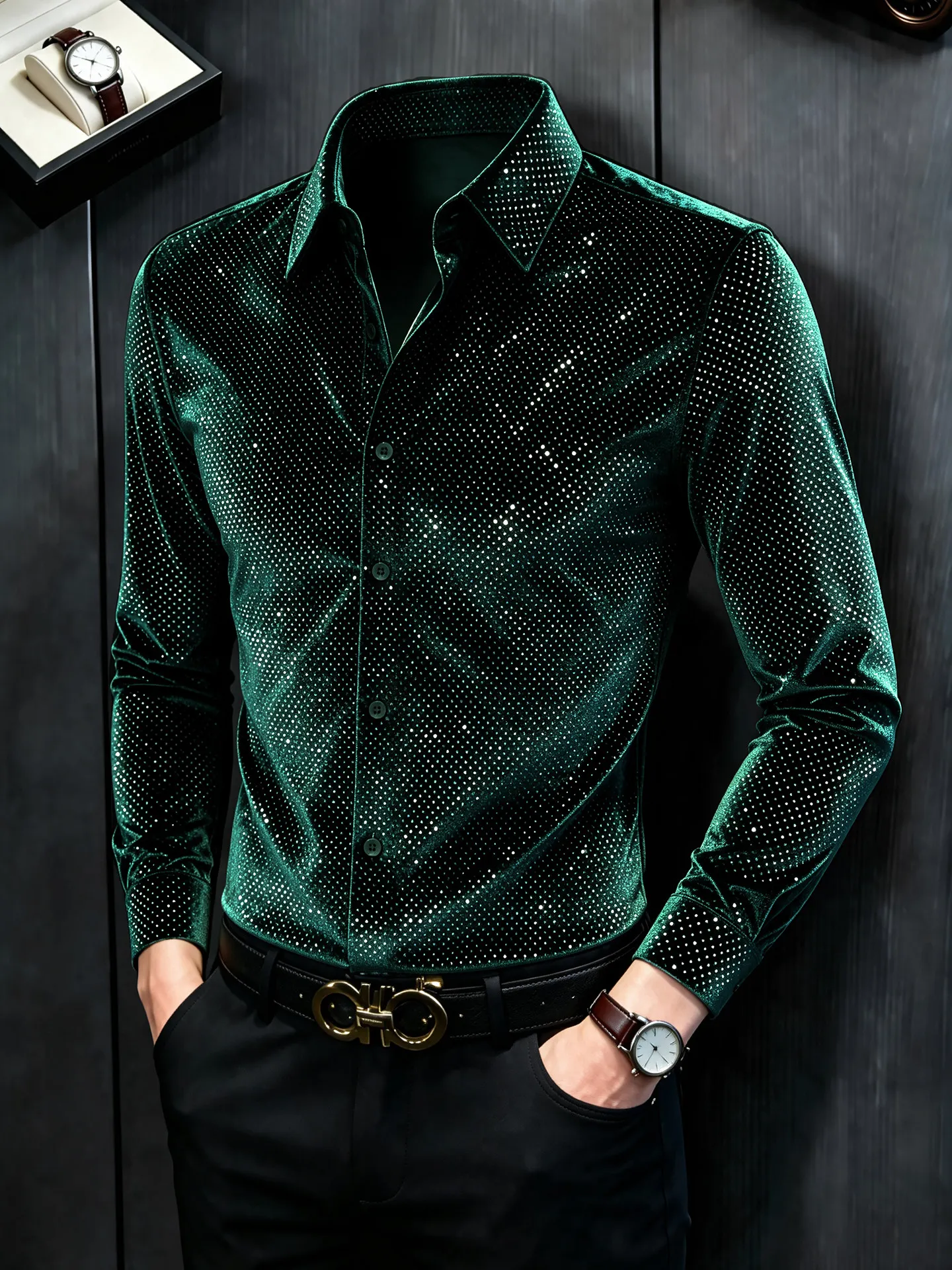 Rhinestone Velvet Men's Long-sleeved Shirt Luxury High-end Banquet Bar Top Fashion Men's Casual Business Shirts Men Clothing