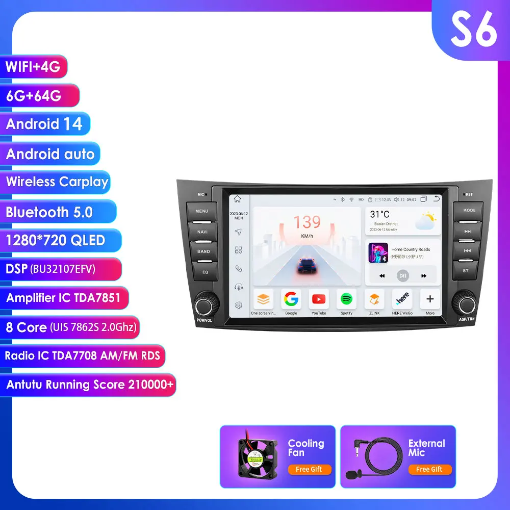 Hizpo 8 "2 Din Autoradio Carplay voor Mercedes-Benz E-klasse W211 GLS W219 W209 W463 Android 14 Multimedia Speler GPS RDS FM BT 4G