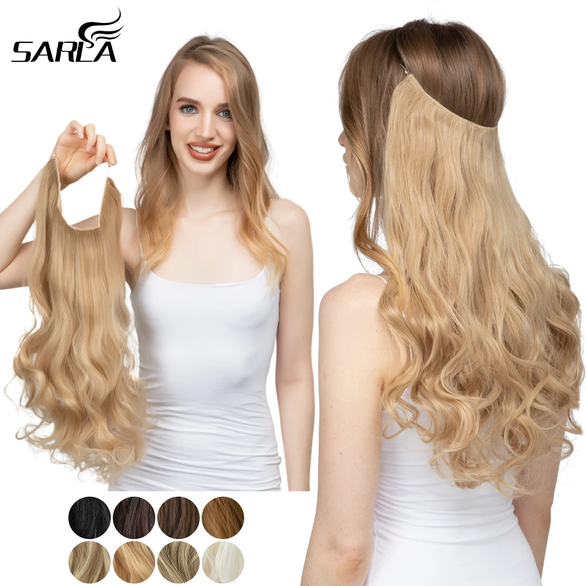 Synthetische Geen Clips In Natural Hair Extension Ombre Zwart Blonde Roze Een Stuk Lange Golf Onzichtbare Draad Valse Nep Haar stuk