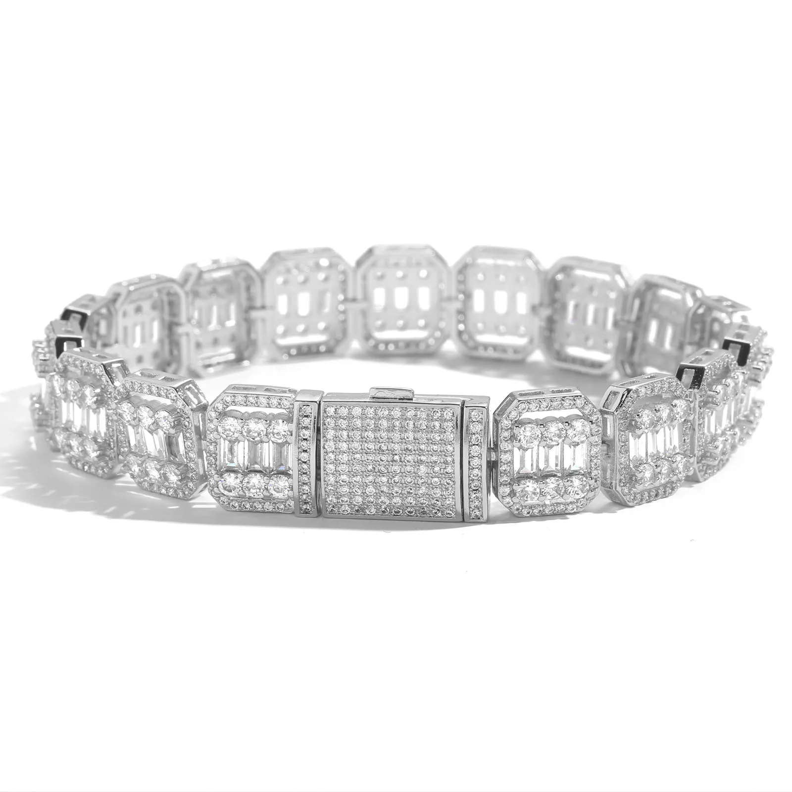 Exquisite artificial diamonds cover the thick chain surface, unisex 13mm Flip Clasp Bracelet of PT950 Platinum serves as daily