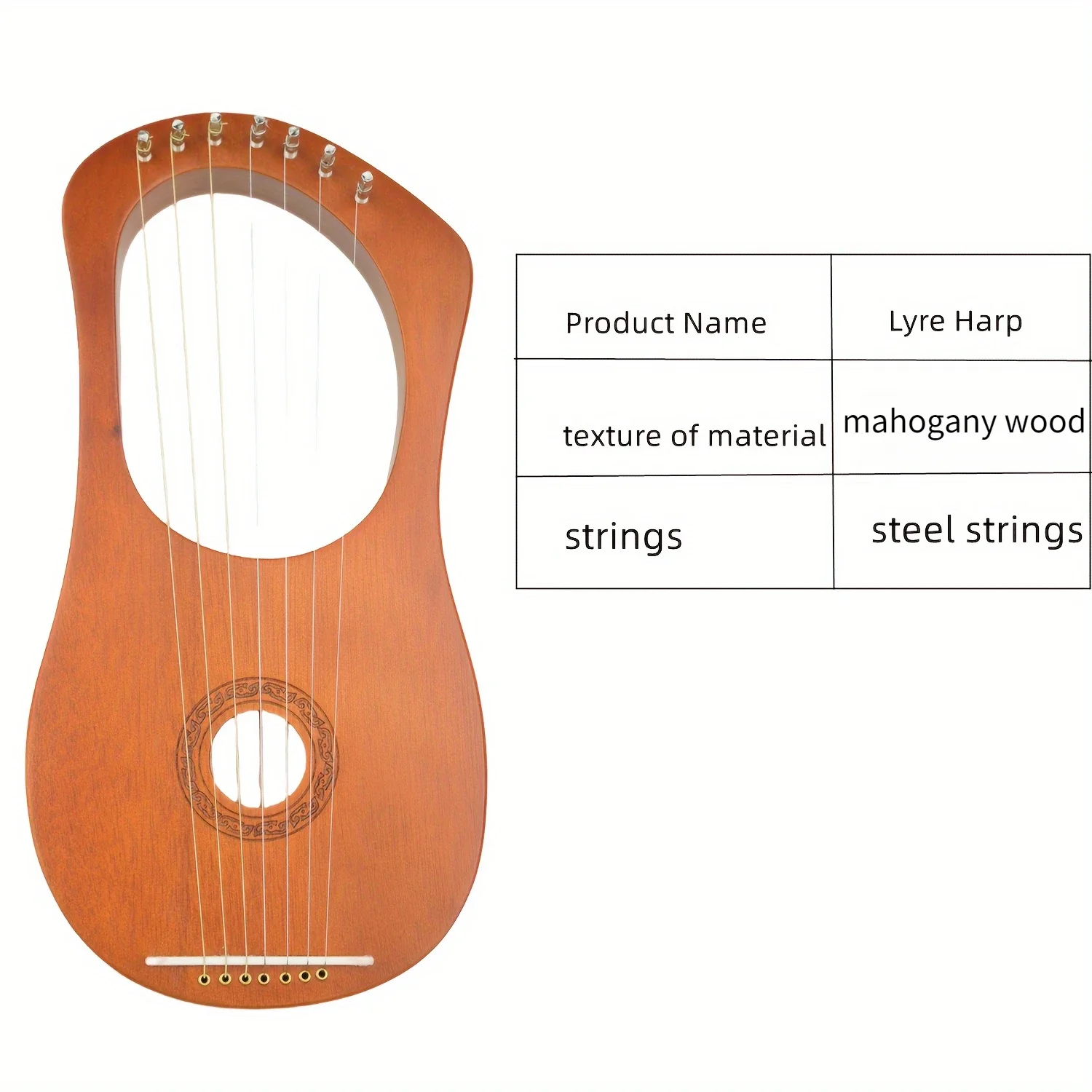 Mahogany 7-String Lyre Harp, Light Beige Varnished Finish with Phosphor Bronze Strings,Portable Small Harp Instrument with Metal