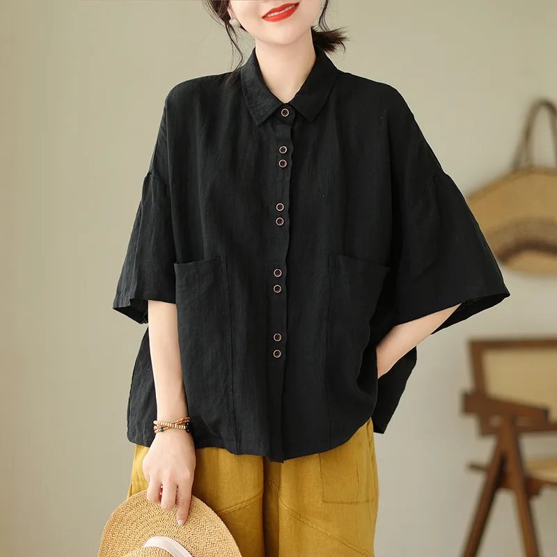 Camisa feminina de linho de algodão com bolso grande lapela manga média solta ajuste casual top agasalhos de comprimento médio