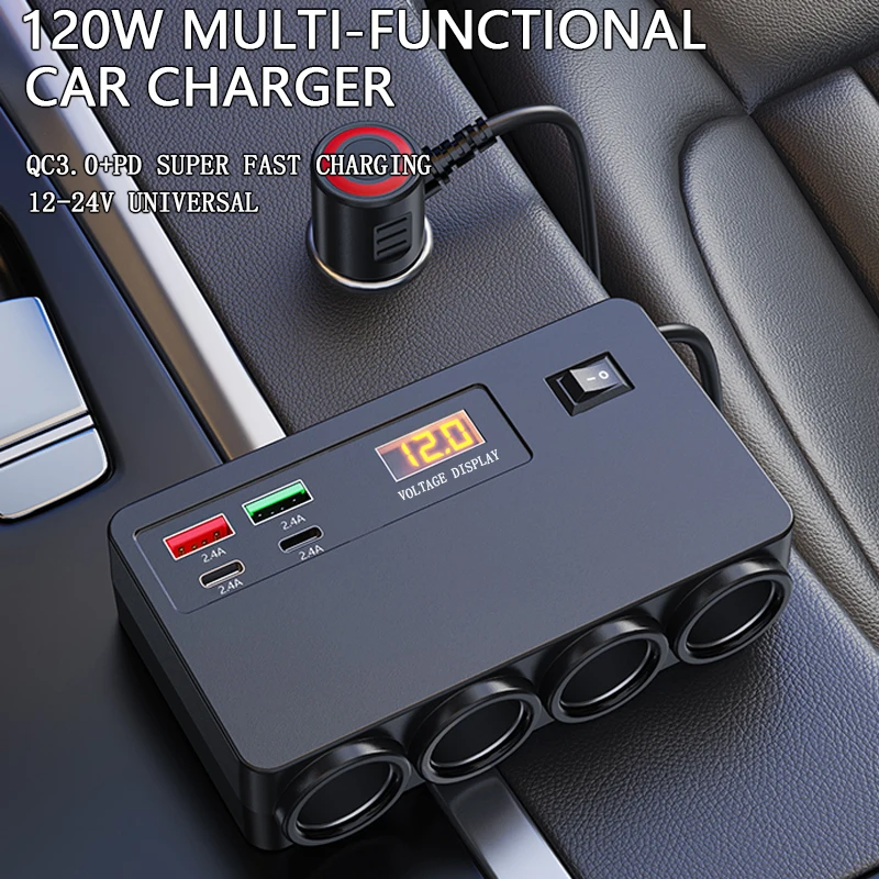 120W Multi-Functional Vehicle Charger USB/TYPE-C Fast Charging Four Conversion Interfaces, With Digital Voltage Display