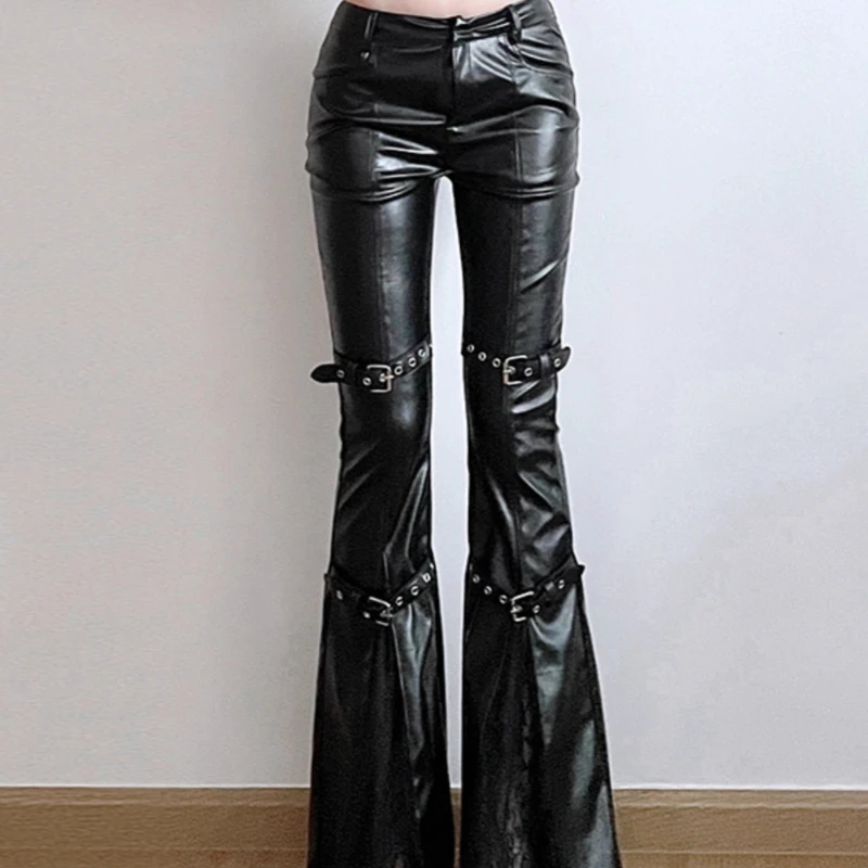 Punk Dark Lace Splicing Slit Women's Bell-bottoms Autumn New Design Black Buckle Strap Sweet Cool Hot Girl Leather Pants Ladies