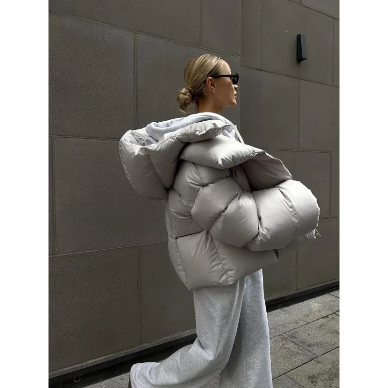 Women's Jacket Winter Short Styles Hooded Cotton-padded Clothes Loose Long Sleeves Thicked Warm Hidden Button Design Women Coat