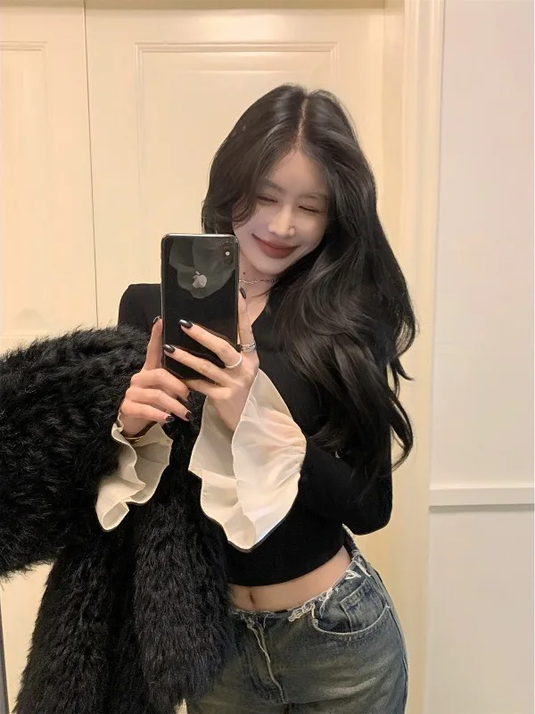 

Sexy Spicy Girl Style V-neck Splice Mesh Bell Sleeve Top Women's Korean Style INS Personality Slimming Underwear Base Shirt