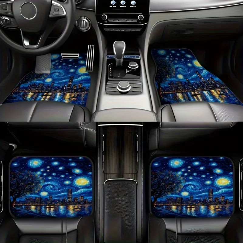

4pcs Van Gogh Starry Night Inspired Car Floor Mats - Front & Rear Full Coverage Auto Interior Accessories, Crystal Velvet Vehicl