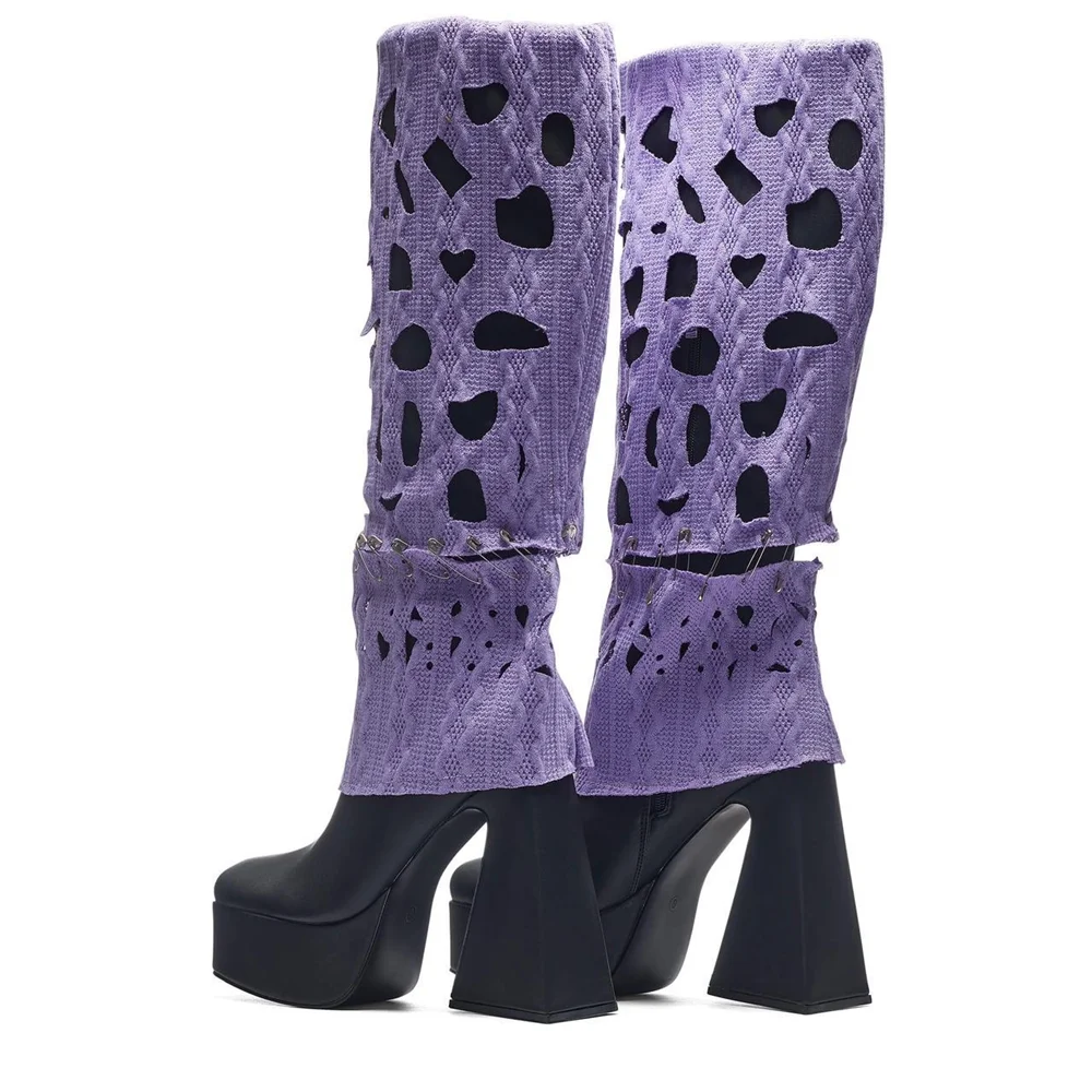 

Lavender Cable-Knit Thigh-High Boots Fashion Cutout Detail Safety Pin Accents Black Platform Heel Square-Toe Chunky Heels Boots