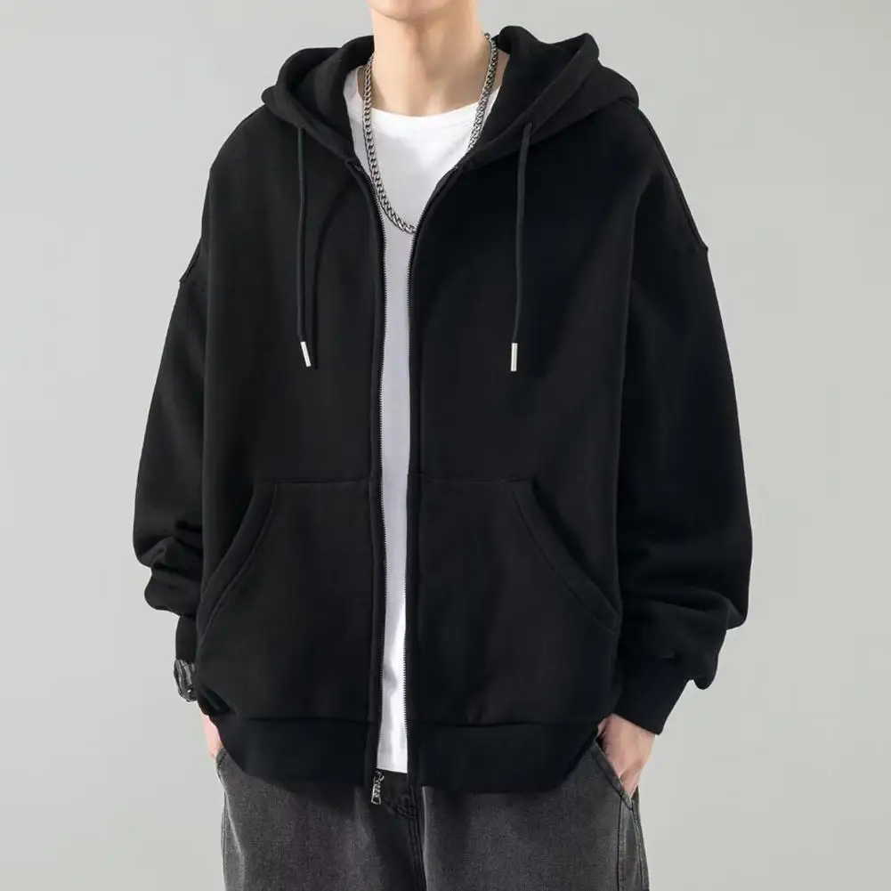 Male Clothes Black Solid Sweatshirt for Men Full Zip Up Hooded Hoodies Winter Offers High Quality Korean Style