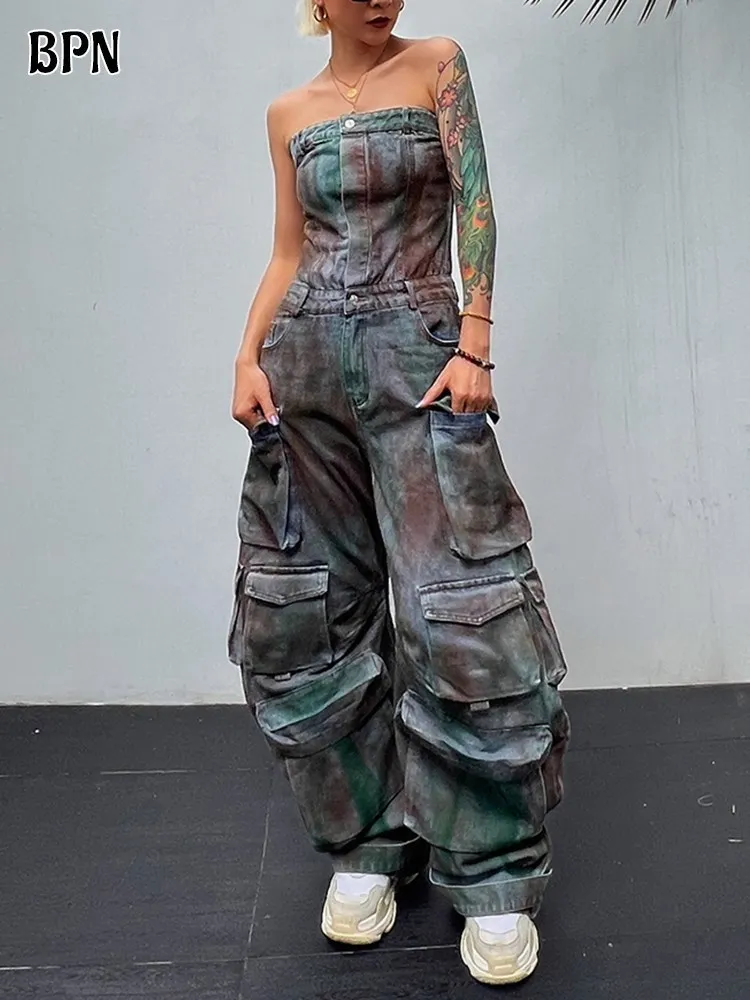 

BPN Hit Color Strapless Denim Jumpsuit For Women Slash Neck Sleeveless High Waist Spliced Pockets Cargo Jumpsuits Female Fashion