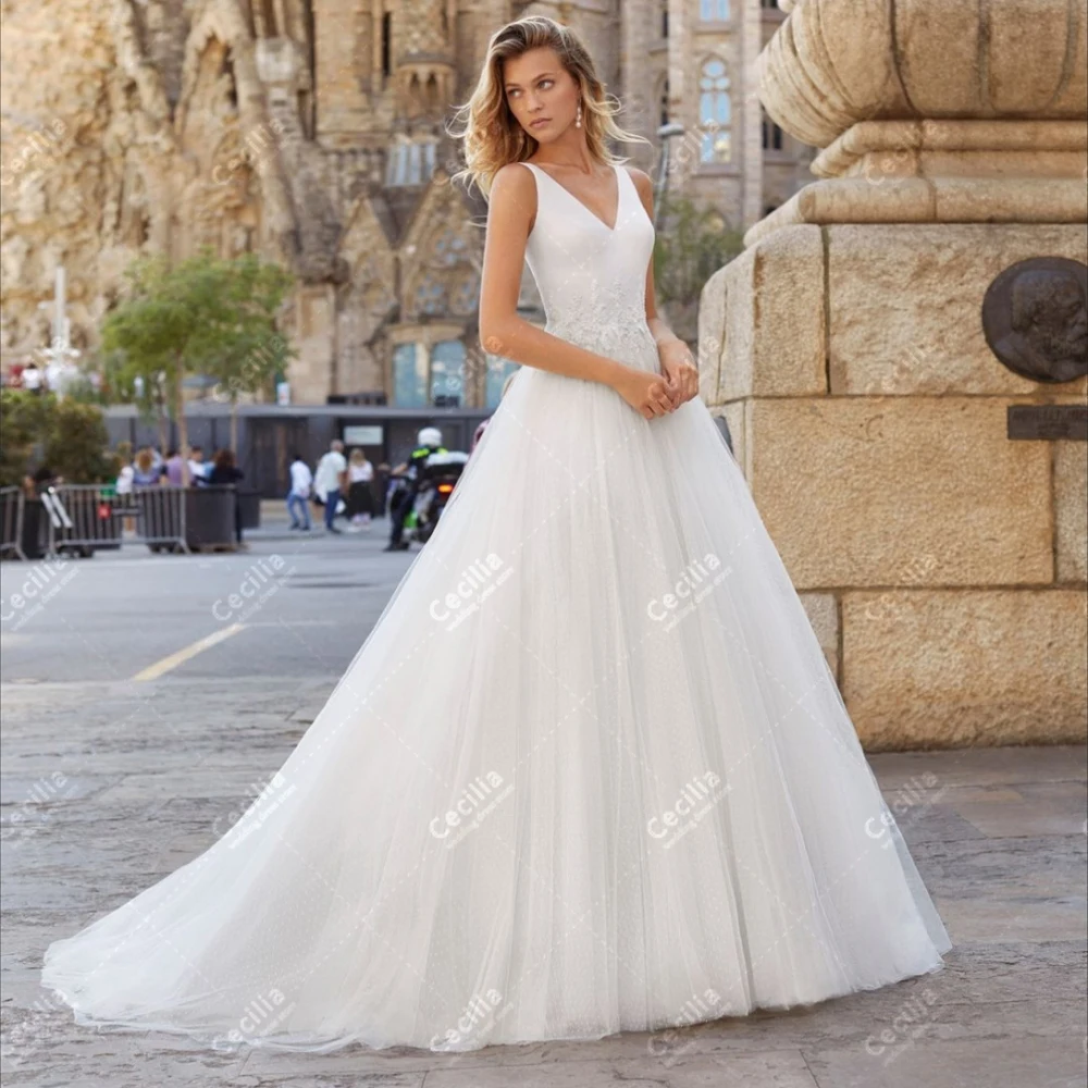 

Gorgeous Wedding Dresses A-Line Tulle Tiered Bridal Gowns Lace Appliques Sleeveless Backless Robes Pretty Vestidos De Novia 2024