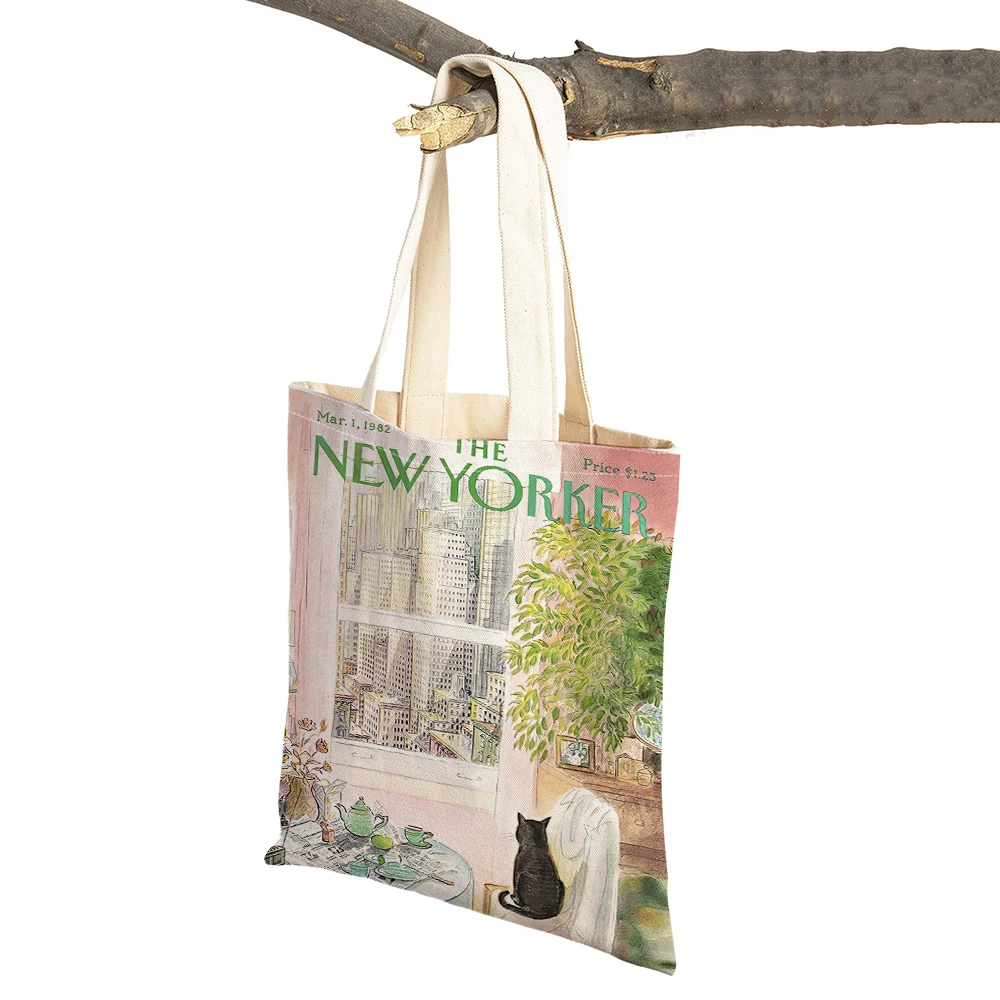 Nordic The New Yorker City Magazine Women Shopping Bags Double Print Casual Shopper Bag Lady Linen Tote Leaf Travel Handbag