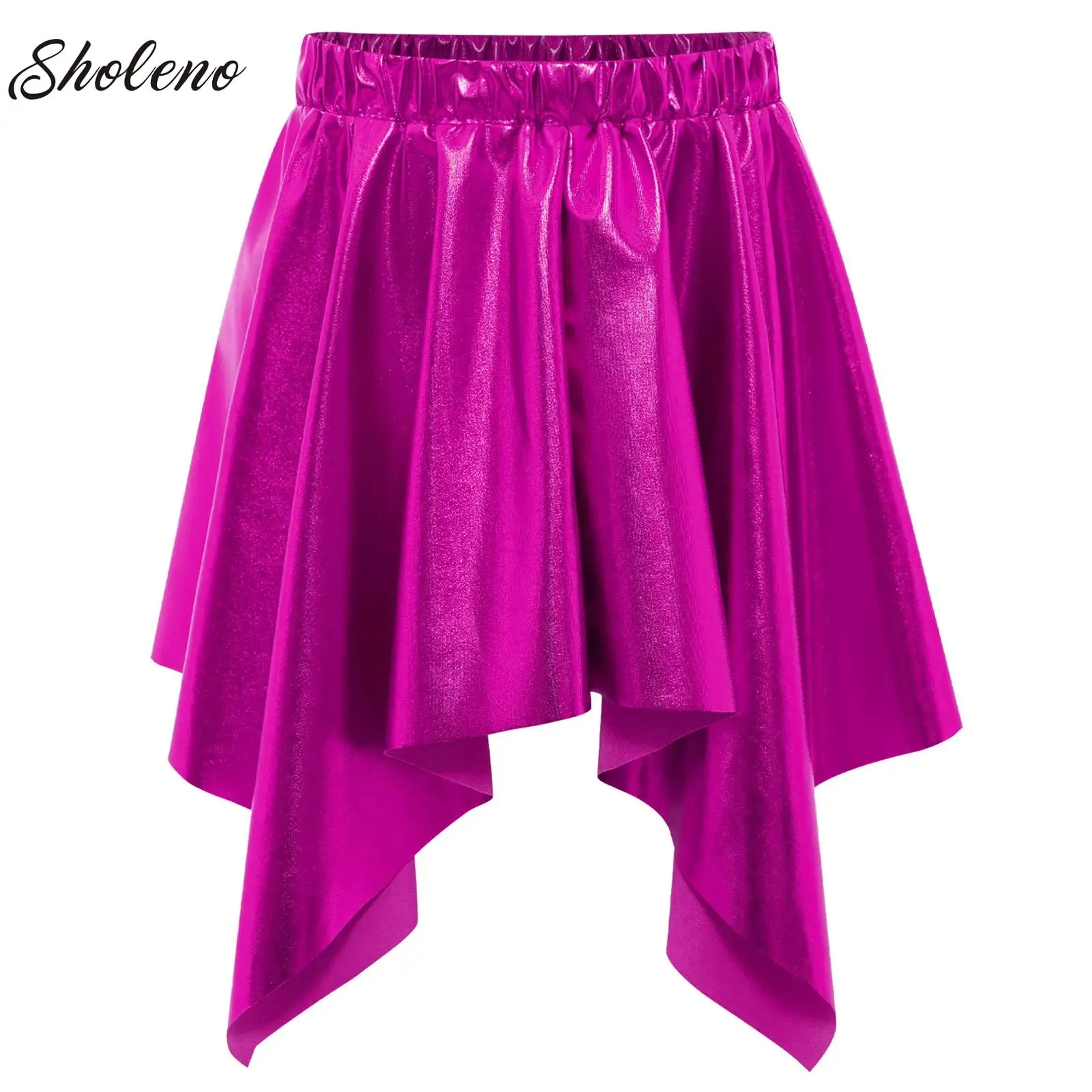 

Kids Girls Cheerleading Costume Jazz Hip Hop Modern Dance Shiny Metallic Asymmetrical Skirt Shorts Latin Ballet Party Bottoms