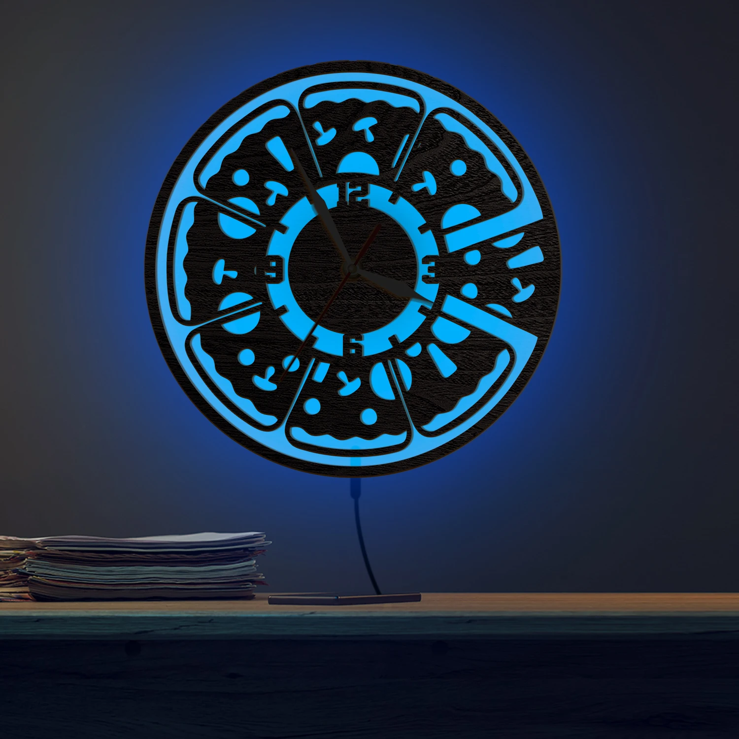 Mushroom Pepperoni Pizza Slice Wall Clock RGB LED Light For Kitchen Dining Pizza Restaurant Pizzeria Glowing Sign Light Up Clock