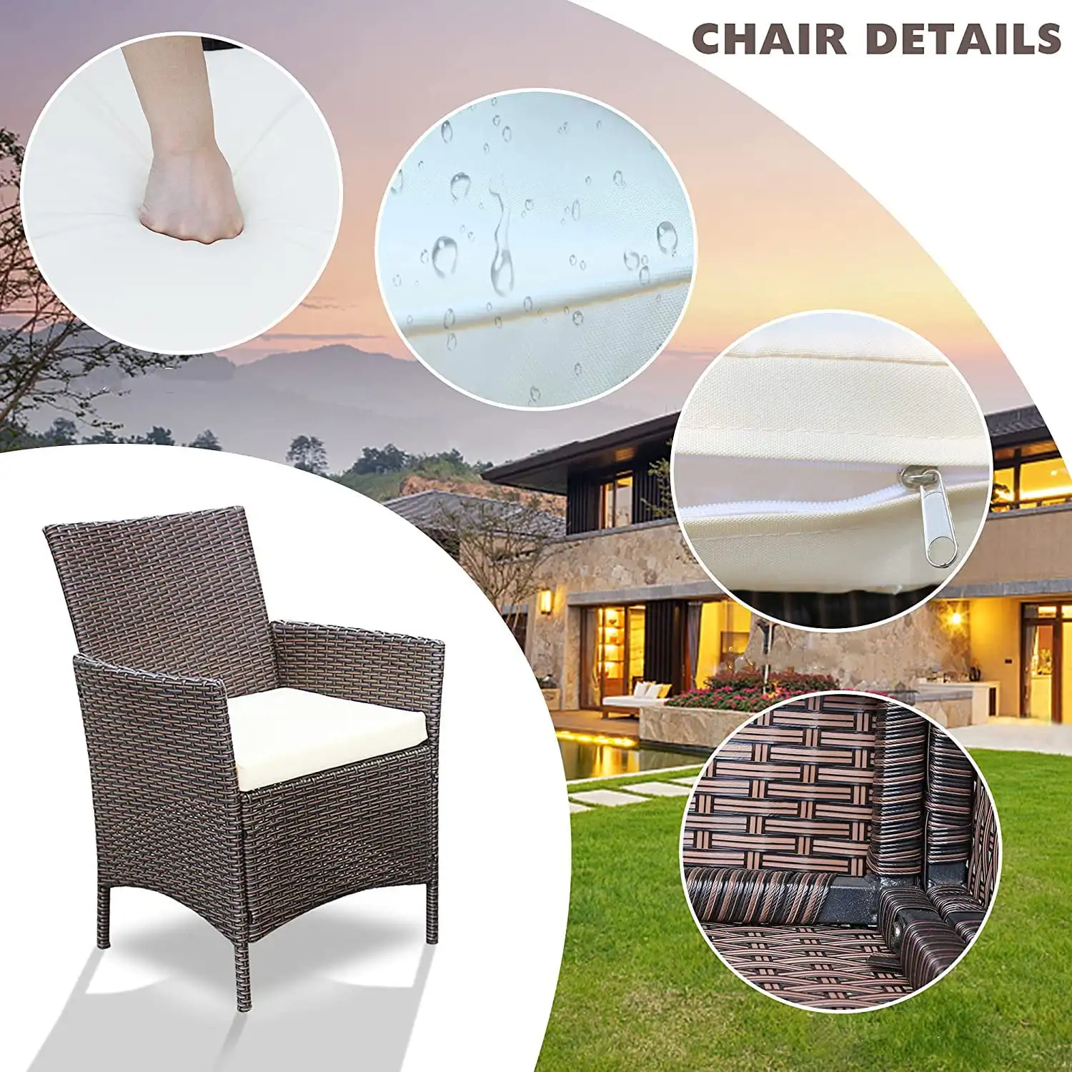 3 Pieces Outdoor Patio Furniture PE Rattan Wicker Table and Chairs Set Bar Set with Cushioned Tempered Glass, Brown/Beige, 2 image 3
