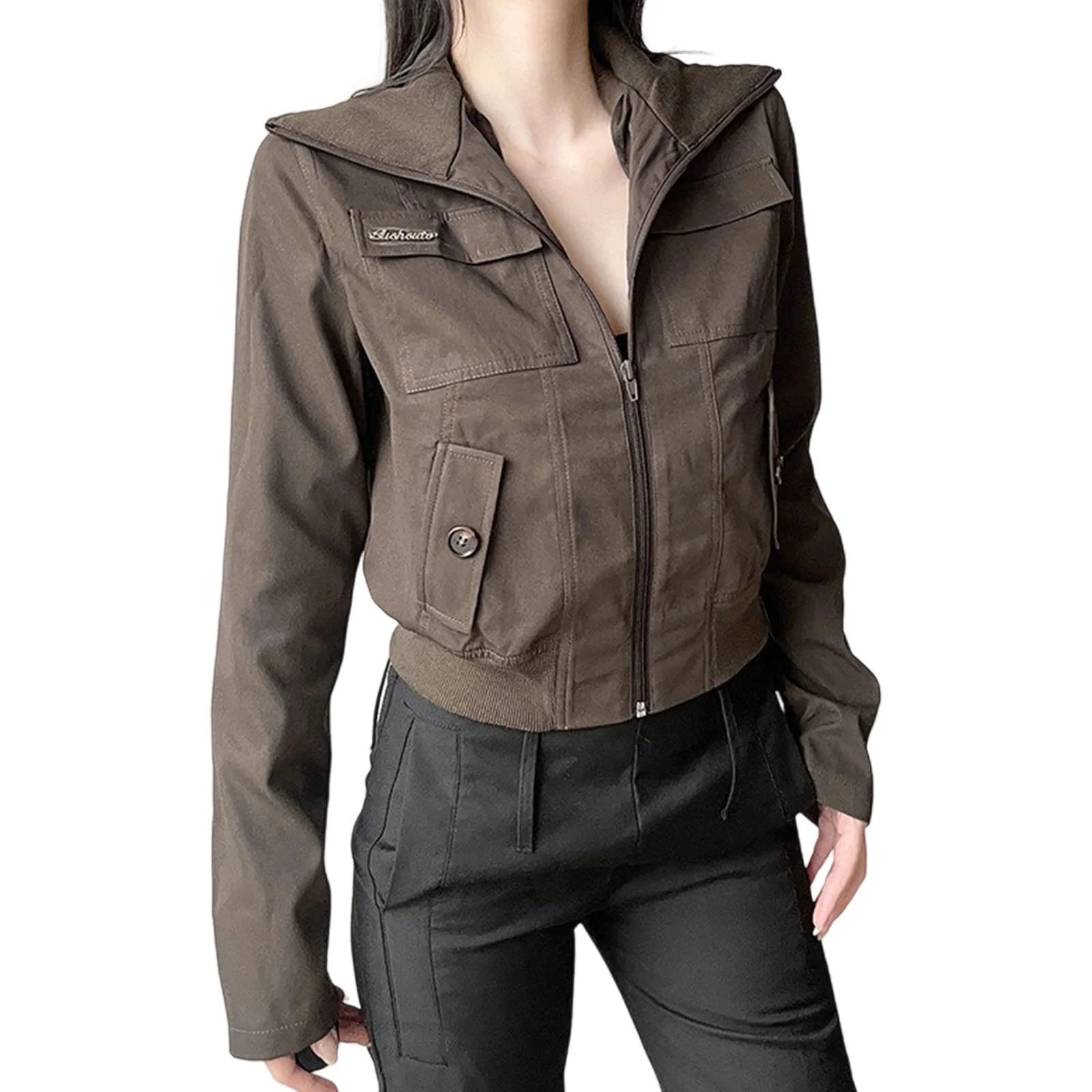 

Women s Cargo Jackets with Pocket Casual Letter Long Sleeve Fit Zipper Up Lightweight Crop Coat