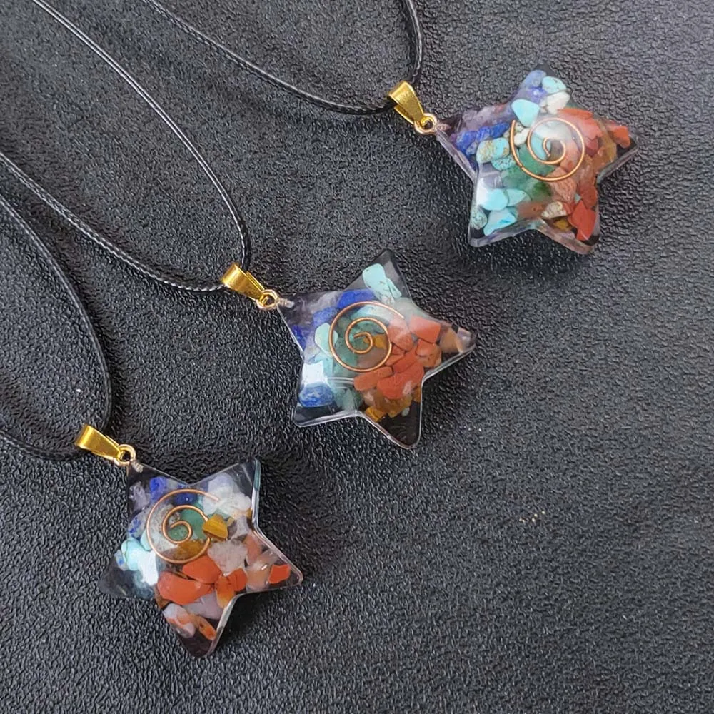 Fashion Colorful Floral Stone Resin Star Moon Necklace Classic Retro Personality Epoxy Resin Chakra Shiny Star Moon Pendant Gift