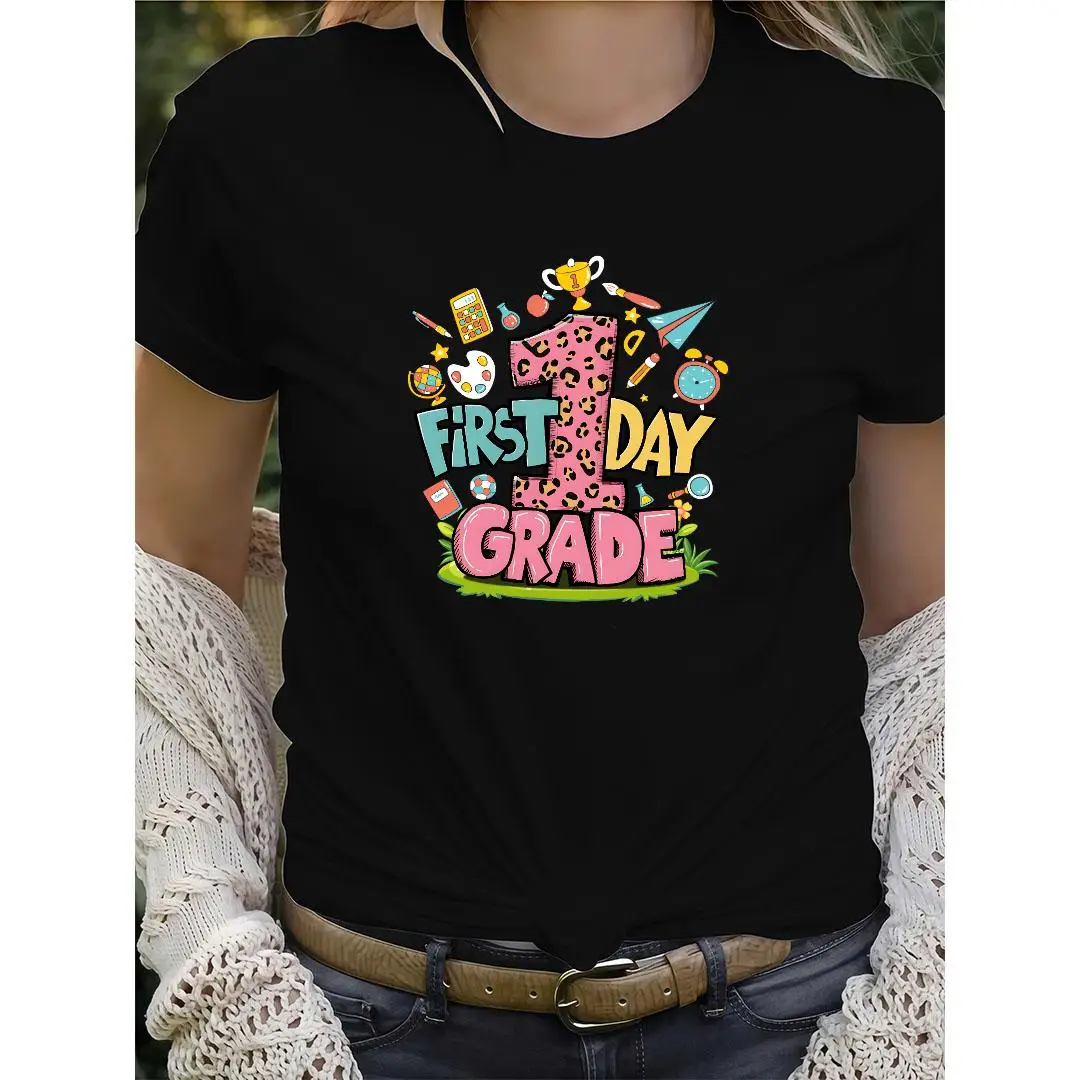 

Women's "First Day of 1st Grade" T-Shirt Back to School Leopard Print Graphic Tee Cute Teacher Student Gift