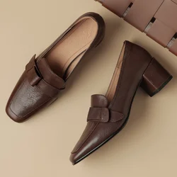 Women's sheepskin square toe slip-on pumps 6cm thick med heel OL style high quality soft comfortable daily heeled shoes woman
