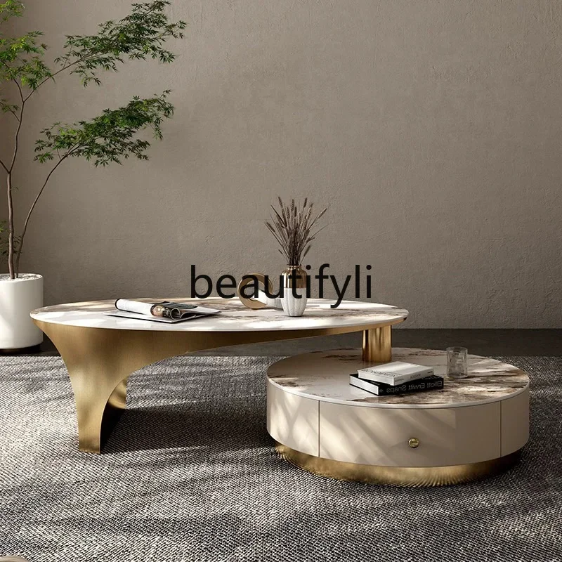 CC Italian light luxury rock slab coffee table creative designer living room oval coffee table combination