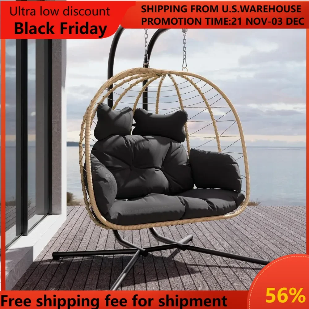 Double Indoor/Outdoor Wicker Swing Egg Chair Hammock Foldable Hanging Loveseat with Stand, UV Resistant Removable Cushions