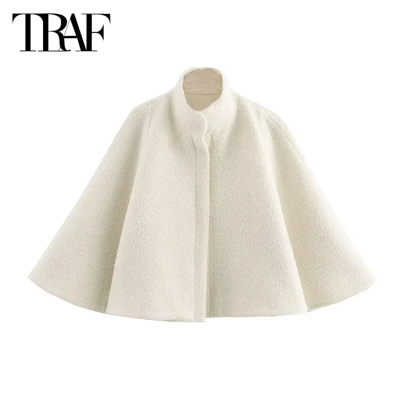 TRAF Women's Beige Short Cape Coat 2024 Warm Winter Large Size Long Sleeve Cropped Cloak Casual Elegant Coat New In Outerwears