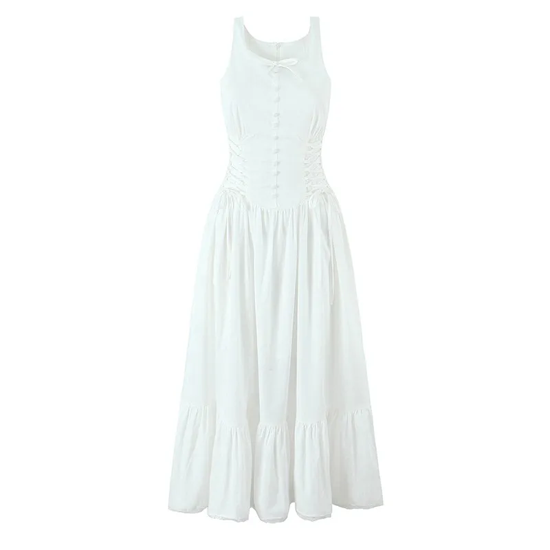 2025년 여름 플로럴 프린트 보헤미안 드레스 여성 앞면 레이스업 보우 O넥 A라인 미디 탱크 드레스 우아한 여성 휴가 파티 로브