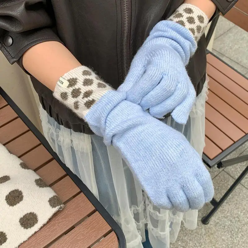 2026 Women's Polka Dot Knit Touchscreen Gloves Korean Style Warm Outdoor Autumn Winter Long