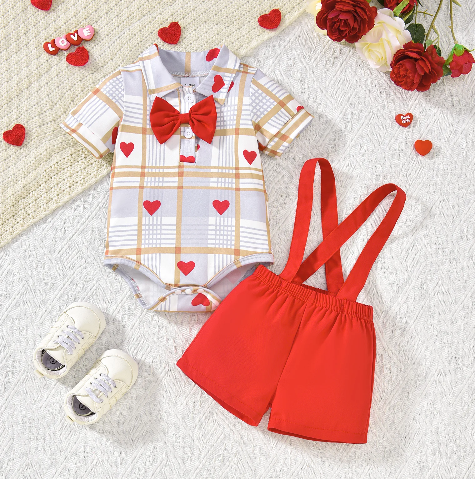 Set pakaian Hari Valentine anak laki-laki, setelan baju monyet lengan pendek kerah Lapel, celana Suspender, Set pakaian cantik