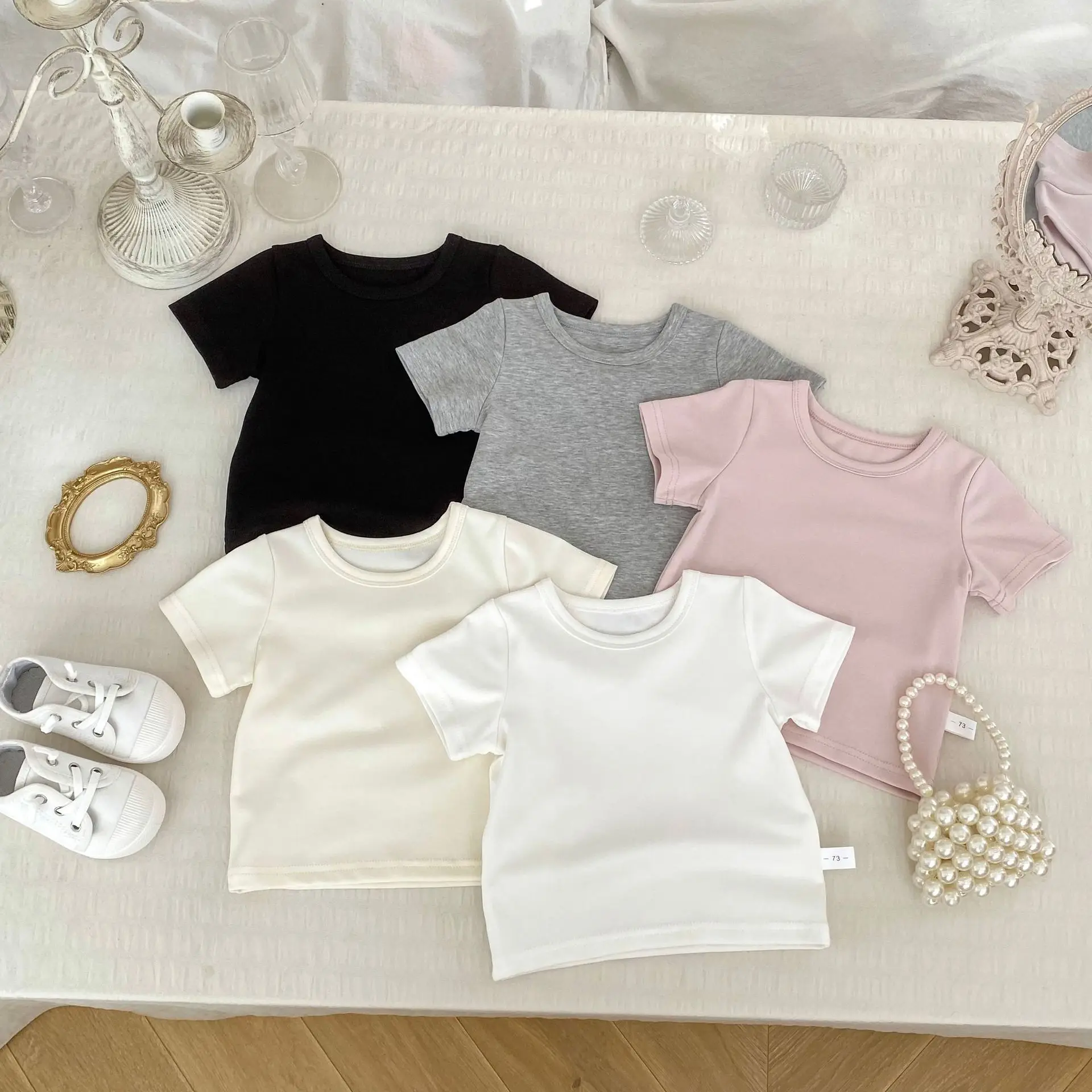 

2026 Summer Children's Short Sleeve T-Shirt Basic Versatile Solid Color Top Boys and Girls Crew Neck T-Shirt Clothes